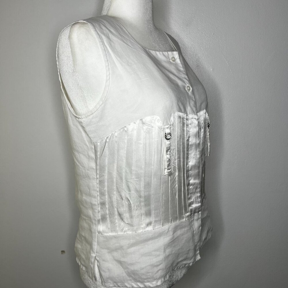 J.M.P. Women's Linen Top Large Sleeveless White Satin Detail Sheer Beachy Resort - Picture 3 of 7